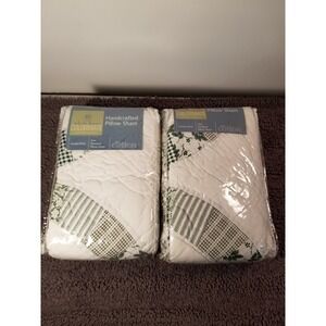 Vintage Sears Set of 2‎ Green/white Floral/Gingham Quilted Standard Pillow Shams